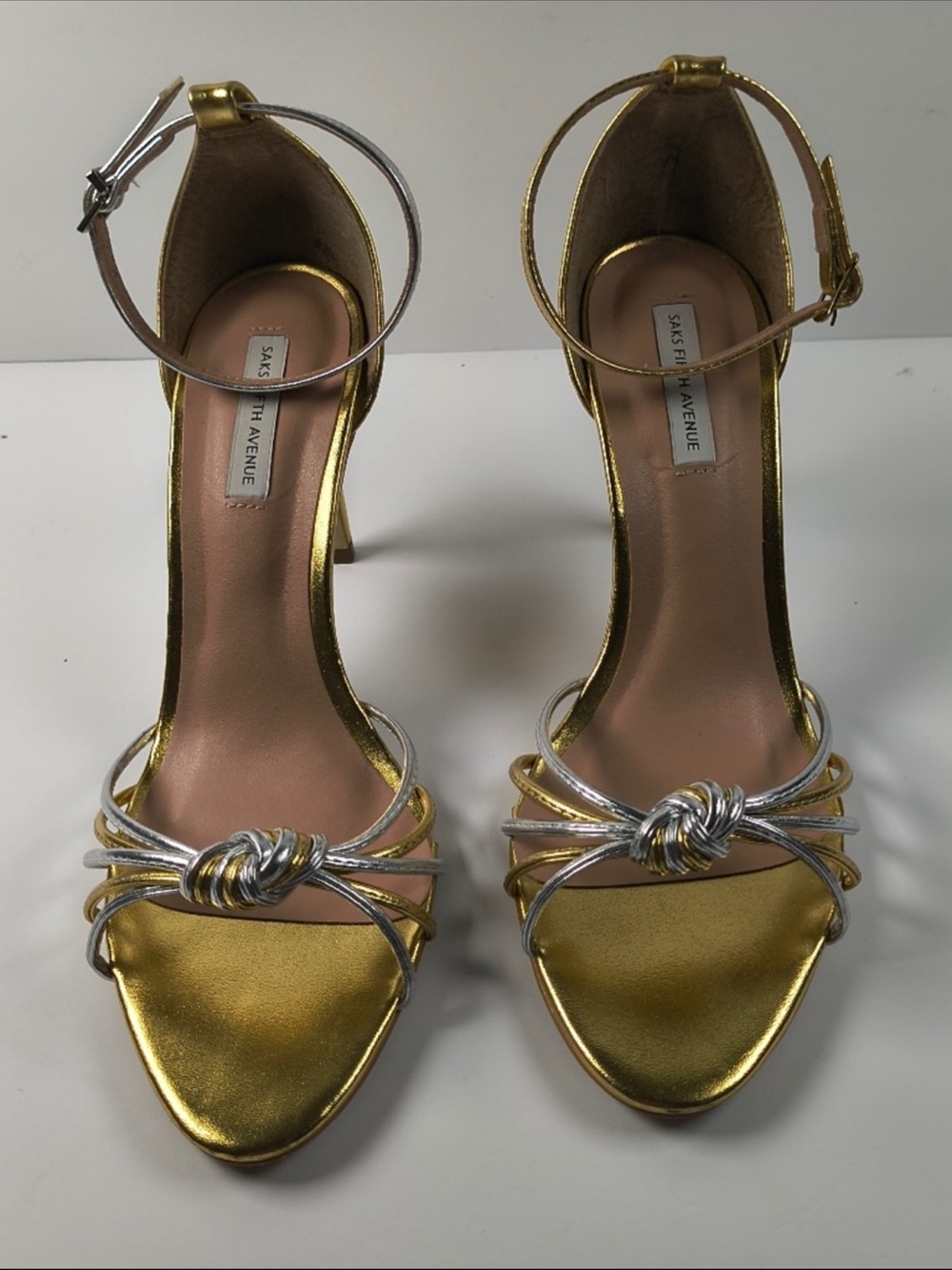 Saks Fifth Avenue Gold Silver Metallic Strappy Knot Heels